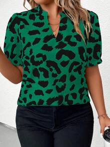 SHEIN 大码女式豹纹V领短款泡泡袖时尚衬衫 - 彩色 - 查看 4