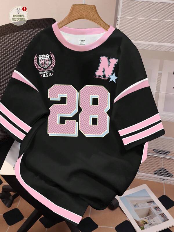 Teen Girl Casual Minimalist Sporty Sweet Cool Style Jersey, Number 28 Print, Oversized Knit T-Shirt, Comfortable & Easy Casual Wear For Summer, Cool Wear Collection, Back To School, Kids Graphic T-Shirt, Korean Style