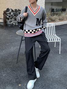 Claim Dot Men's V-Neck Letter & Checkered Pattern Long Sleeve Pullover Sweater Checkerboard Sweater V-Neck Sweater