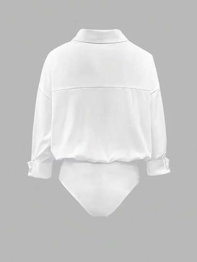 INAWLY Plus Size Minimalist Casual Long Sleeve White Shirt Bodysuit Fall Cloth For Women