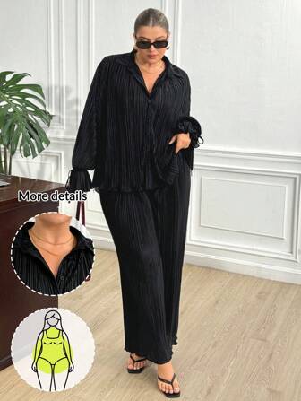 Truni Fall Clothes For Women,Winter2pcs Plus Size Solid Color Long Sleeve Textured Fabric Loose Casual Shirt And Pants Set