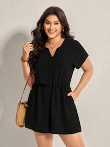 Comfylo Plus Size Women Fashion Solid Color Short Sleeve V-Neck Jumpsuit - Black - View 5