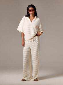 AiiRZ 罗纹针织 Polo 领两件套家居服套装阔腿裤冬秋季休闲套装舒适优雅家居休闲服 - 杏色 - 查看 6