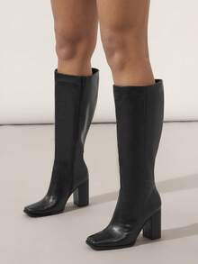 SHUZIA Women's Glamorous Chunky Heel Side Zipper Knee-High Boots For Christmas - Black - View 2