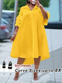 SHEIN CURVE+ 2025 年新款女装 - 狂欢、复活节、老钱风格、乡村音乐会、外出、仙女风、节日、热带度假、适合春夏季、夏季服装、狂欢、欧洲夏季、春季、西部服饰、音乐会、毕业典礼、适合日常通勤、商务休闲、极简休闲沙滩装 - 分层荷叶边袖衬衫、不对称下摆中长连衣裙、曲线加大码、波西米亚度假加大码黄色连衣裙加大码荷叶边连衣裙 5xl 加大码柠檬色连衣裙加大码加大码 Ov - 黃色 - 查看 8