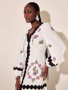 CAJUNI Women's V-Neck Lantern Sleeve Vintage Colorblock Floral Pattern Maxi Dress, Vacation Style