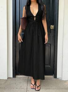 Siren Gaze Vestido vaquero sin mangas con cordones en la cintura, casual de verano para mujer