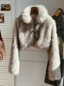 Comfortcana 女士秋冬优雅纽扣式人造毛皮大衣 - 卡其色 - 查看 4