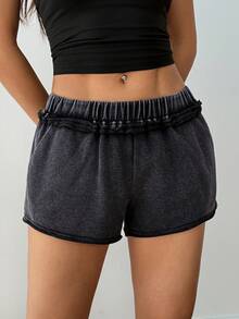 SHEIN PETITE Quần short giặt họa tiết ngôi sao cạp chun thường ngày cho nữ, mùa hè - màu đen - Xem 5