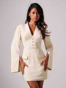 COSMINA Women's Solid Color V-Neck Elegant Commuter Long Sleeve Mini Dress Blazer Dress Work Dress Business Casual Dress - Apricot - View 5
