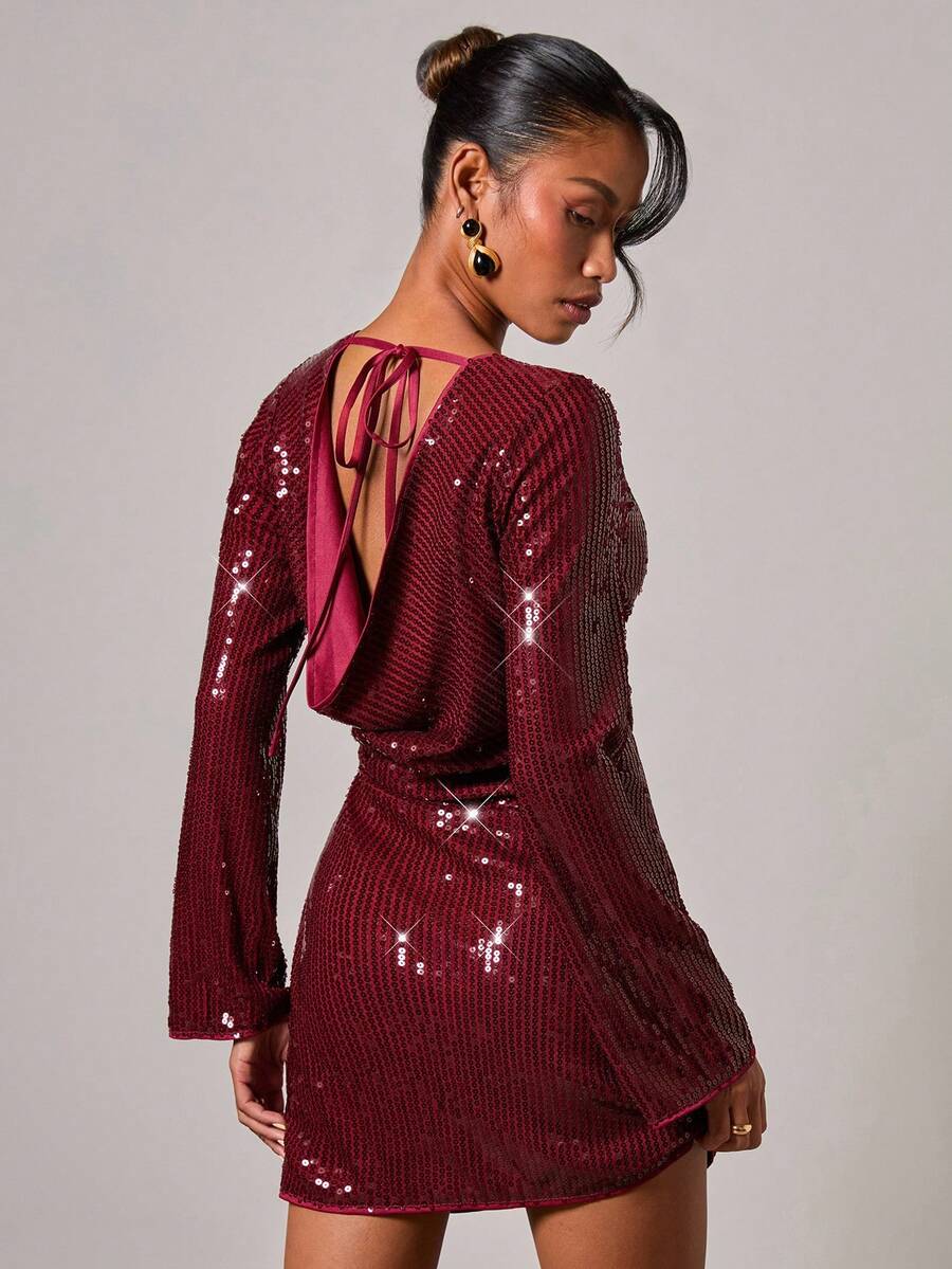 COSMINA Vestido mini de fiesta ajustado con lentejuelas y espalda descubierta - Burdeos - Ver 1