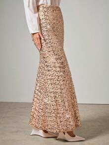 COSMINA Women's Elegant Sequin Mermaid Hem Skirt, Autumn Gold Sequin Skirt Sequin Maxi Skirt Sequin Mermaid Skirt - Champagne - View 4