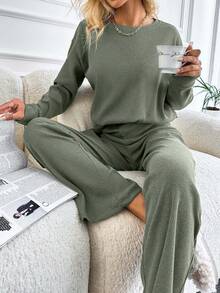 EURMUSE 100%Cotton Rib-Knit Drop Shoulder Tee & Pants - Green - View 3