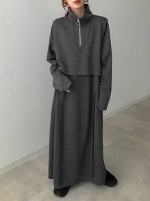 FRIFUL 女士时尚高领拼接宽松纯色连衣裙，春秋 - 黑色 - 查看 2