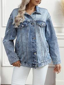 SHEIN 孕妇休闲水洗前扣牛仔夹克，秋季