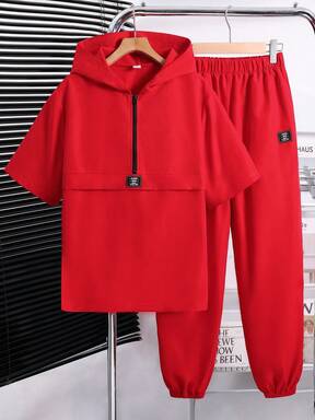 SHEIN 2 st/set tonårspojkar casual huvtröja med dragsko och byxor, bekväm, mångsidig, lämplig för vardagsbruk, skola, utomhus, sport