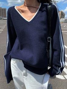 DAZY Women's Loose V-Neck Long Sleeve Contrast Color Decorative Line Sweater, Autumn - Navy Blue - View 4