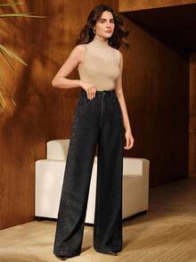 Anewsta Jeans rectos negros con adornos de strass para mujer, edición de San Valentín - Negro - Ver 7