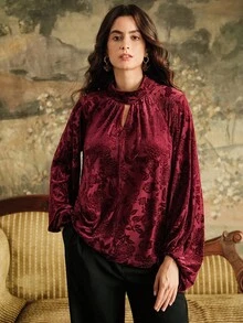 Anewsta Áo sơ mi lụa giả Jacquard cổ vuông sang trọng, tinh tế, dài tay, phù hợp cho mùa thu, đông, năm mới, thanh lịch, sang trọng, sành điệu, giáng sinh, đi chơi - Nhiều màu - Xem 3