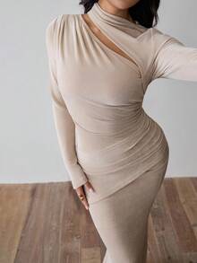 Chiquease Women's Elegant Ruched Waist Side Slit Long Sleeve Bodycon Dress, Autumn/Winter Fall Cloth For Women - Khaki - View 6