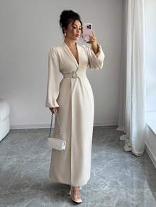 Selianne Elegante vestido de dama con cintura ceñida y mangas largas tipo farol - Albaricoque - Ver 5
