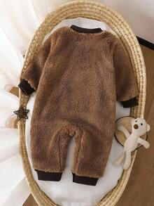 SHEIN Baby Boy Casual Colorblock Half-Button Fleece Jumpsuit, Winter Fall - Khaki - View 2