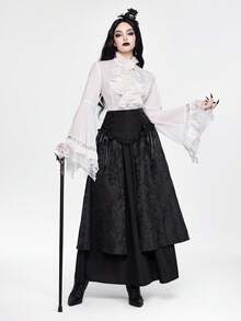 ROMWE EDITION Gothic Dark Style Lace Bell Sleeve Hem Women Blouse, Suitable For Halloween
