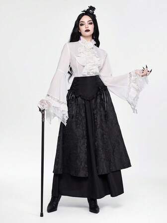 Goth Blusa de mujer con mangas de campana y dobladillo de encaje, estilo gótico oscuro, adecuada para Halloween