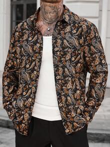 Manfinity CasualCool 男士复古休闲佩斯利图案长袖秋季衬衫，百搭秋季外出衬衫，全印花休闲街头风格男士长袖衬衫，适合日常穿着，2025新款秋季衬衫适合通勤、休闲约会、商务等各种场合。这是一款适合秋季外出的长袖上衣，适合秋季 - 彩色 - 查看 6