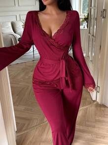 SHEIN HautHeat Women's Casual V-Neck Lace Patchwork Cinched Waist Waist Flared Long Sleeve Belted Robe & Pants Pajama Set, Fall Winter Clothes - Burgundy - View 3