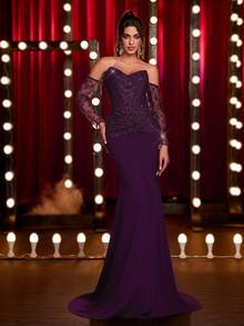 Glamrae Elegante, lujoso, de moda, morado oscuro, vestido de tela de punto elástica con costuras de encaje con lentejuelas, cintura ceñida, con ballenas, busto acolchado, con cola, adecuado para vacaciones, boda, despedida de soltera, baile formal, evento de celebración, cena formal, Día de San Valentín - Morado - Ver 3