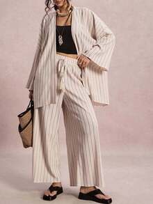 SHEIN VCAY 大码休闲条纹衬衫和裤子两件套 - 杏色 - 查看 7