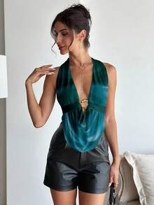Aloruh Women's Elegant Sexy Deep V Draped Neck Ruched Metal Decor Sexy Elegant Camisole, Ombre Print