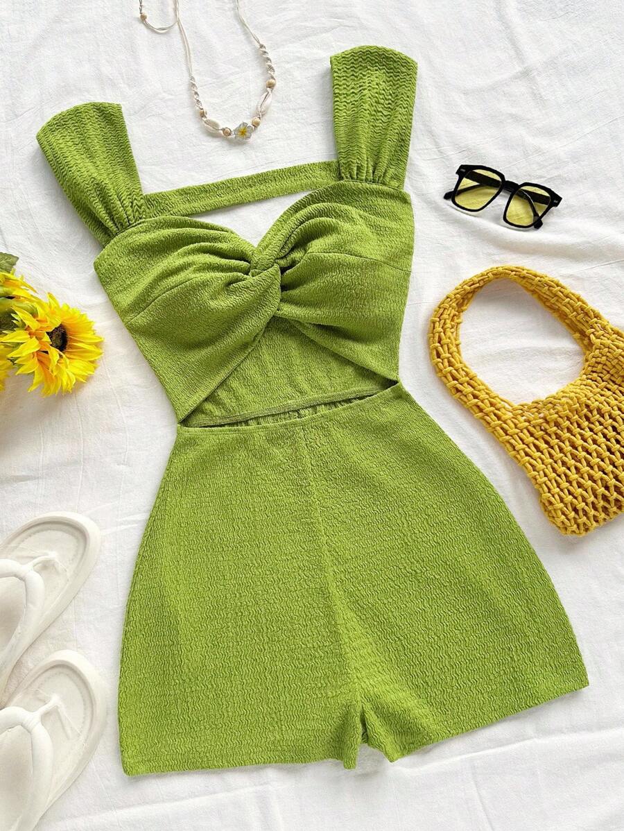 Soleia WYWH 女士度假针织条纹扭纹前低胸露背连体裤，适合派对、约会、情人节、复活节、狂欢节、下午茶、海滩、游轮、城市度假、秋冬分层穿着 - 綠色 - 查看 1