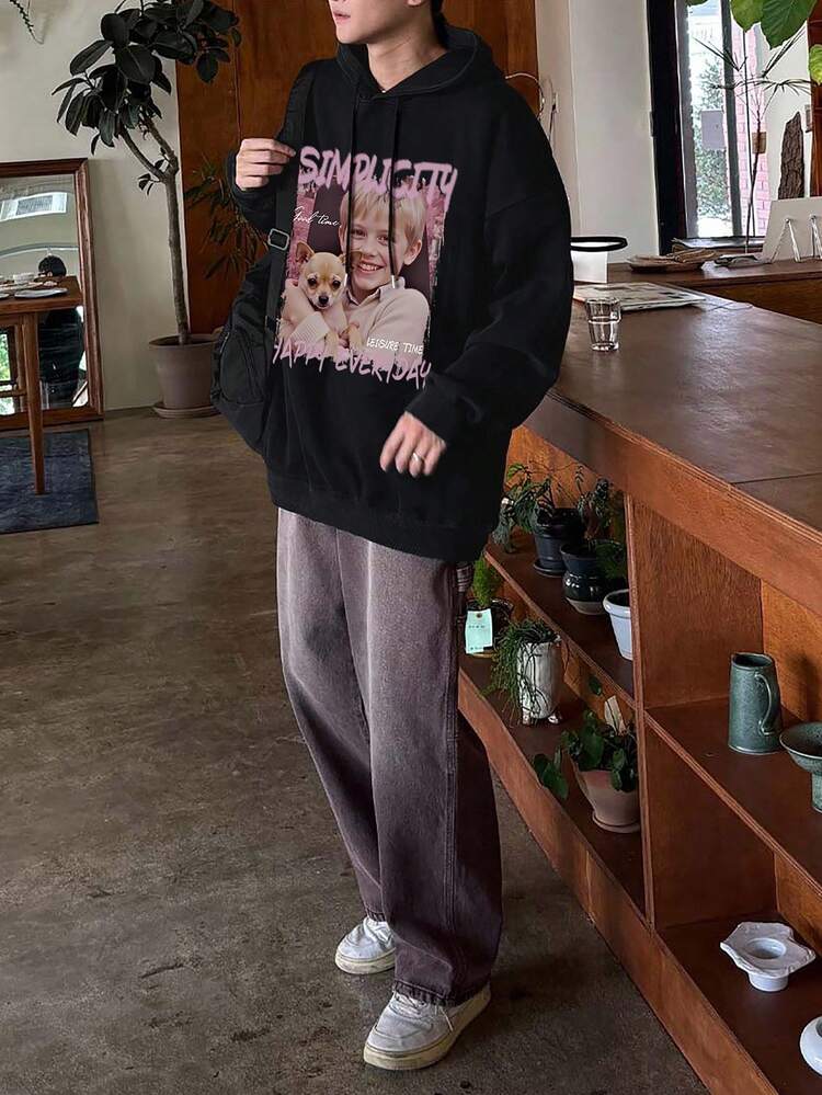 Men's Black Fleece Hoodie With Person & Pet Dog Graphic And Letter Print, Autumn,Winter
