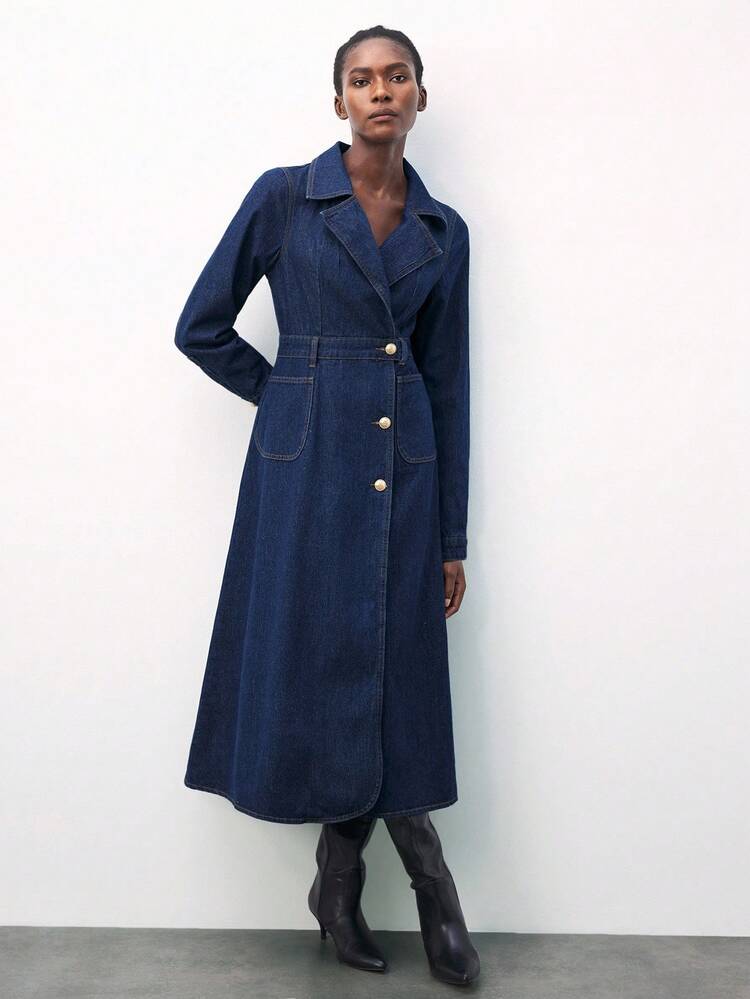 SHEIN Maija 여성 캐주얼 앞면 버튼 허리 신치 롱 슬리브 데님 드레스, 가을