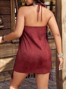 SHEIN LUNE 大码女式西部音乐节嬉皮摇滚流苏装饰吊带波西米亚风度假连衣裙 - 酒紅色 - 查看 2