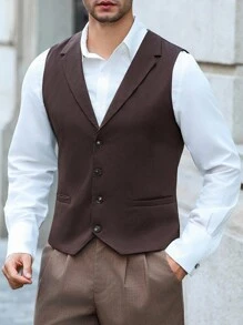 Manfinity Bizformal 男士纯色前扣商务西装马甲棕色背心男男士马甲背心男士无袖马甲棕色西装马甲 - 咖啡棕 - 查看 6