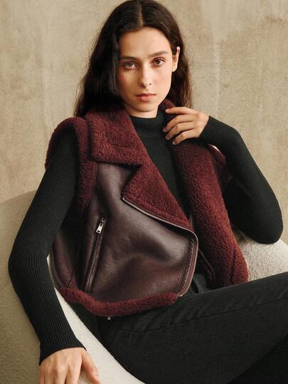 Anewsta Chaleco sin mangas ajustado de piel sintética de color borgoña con solapa corta para mujer, otoño/invierno