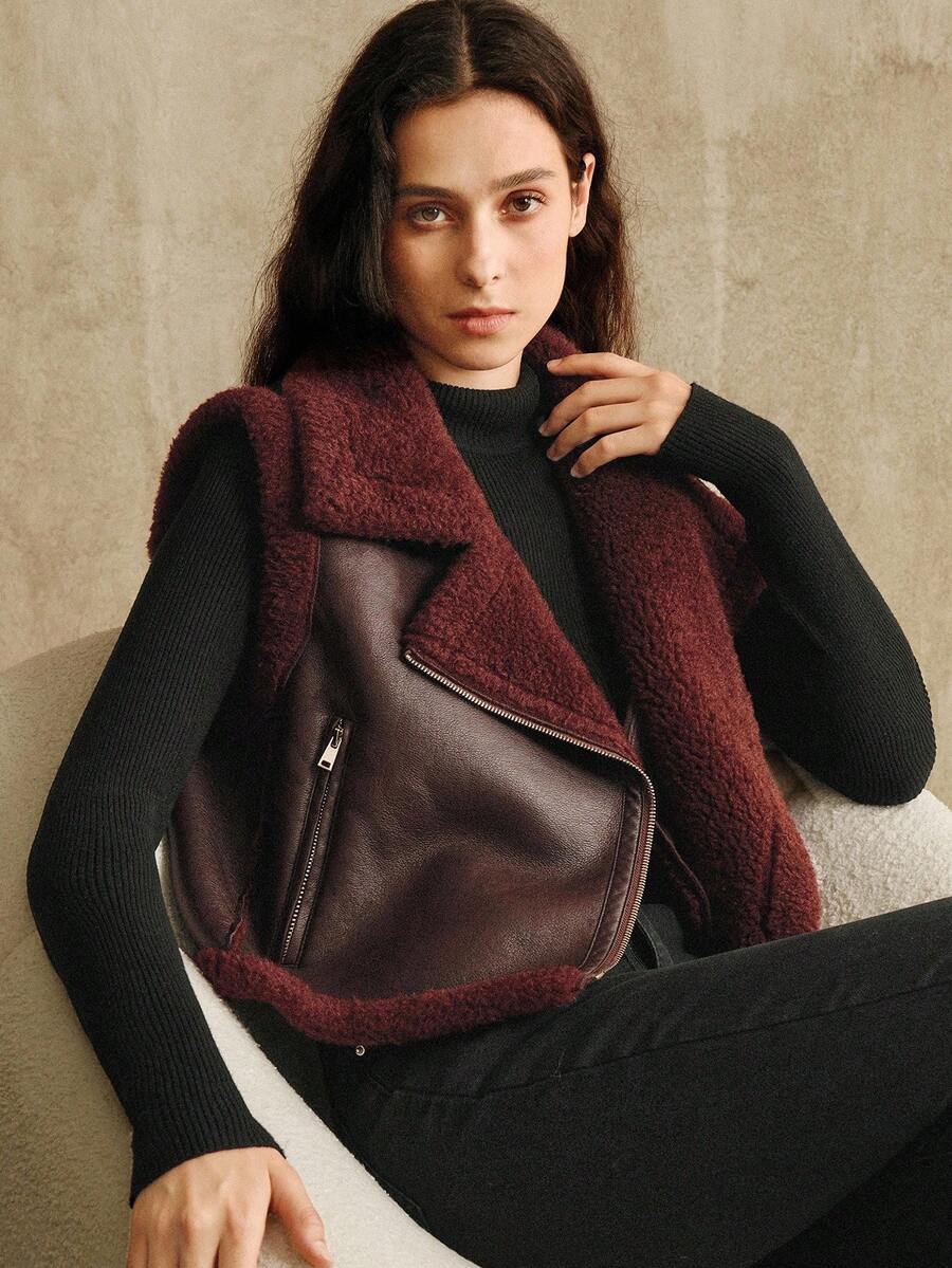 Anewsta Women's Red Short Lapel Sleeveless Fitted Faux Fur Vest Jacket, New Year & Christmas - Burgundy - View 1