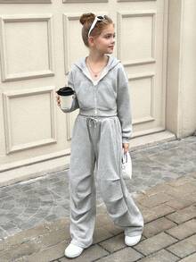 SHEIN 青少年女孩两件套：带口袋的休闲拉链连帽夹克和宽松直筒裤，适合周末、休闲外出、返校 - 淺灰色 - 查看 9