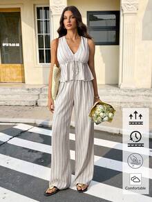 SHEIN Tall 2pcs Women's Striped Tie Waist Sleeveless Top And Pants Set, Tall Version, Classy Outfits For Women, Dress Casual, 2 Pieces Women's Summer Casual Resort Sleeveless Striped Tie Waist Waistband Sleeveless Top And Pants Summer Outfits For Women Two Pieces Set Women Vacation Outfits Woman Everyday Wear,Elegant Women's Set,Country Style For Women - White - View 9