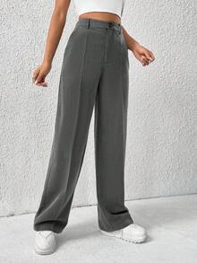 SHEIN EZwear 春季纯色深灰色高腰直筒西装裤，秋冬季适用 - 深灰色 - 查看 5