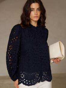 Aveloria Rosie New Autumn French Style Casual Luxury Embroidered Hollow-Out Pleated Front Long Sleeve Blouse Fall Cloth For Women - Navy Blue - View 5