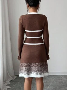 Selianne Women's Autumn/Winter New Bow Decor Design Flare Sleeve Round Neck Sweet Girly Pullover Knit Sweater Dress Fall Cloth For Women - Coffee Brown - View 2