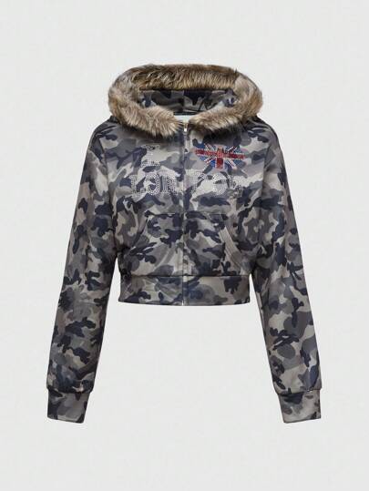 J-Fashion Y2K Baddie Abby Flag English Rhinestone Camo Cropped Sweatshirt For Women