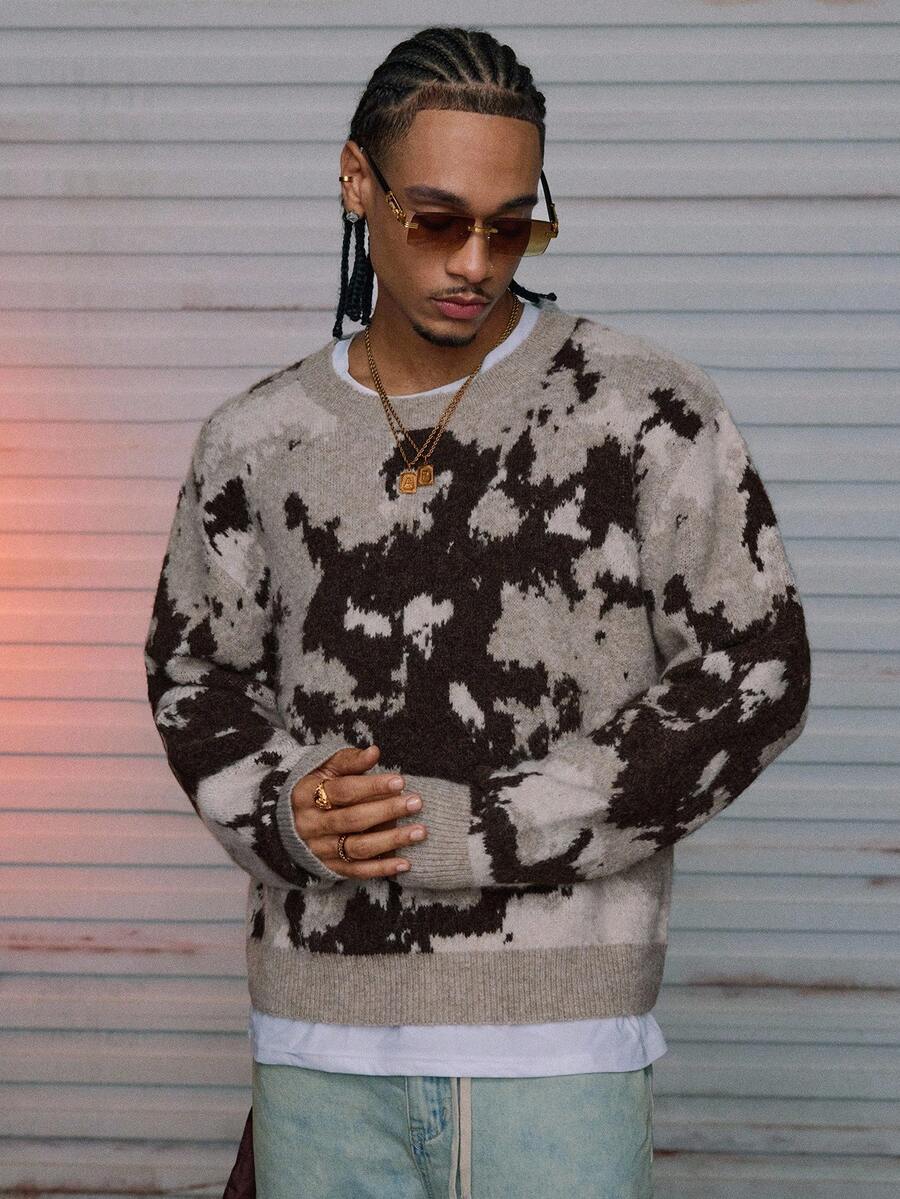 AXEPEAK 男士时尚撞色圆领毛衣，秋冬季长袖上衣 - 彩色 - 查看 1