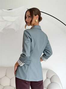 Modelyn 女士拼接条纹袖口翻领休闲西装外套 - 綠色 - 查看 2