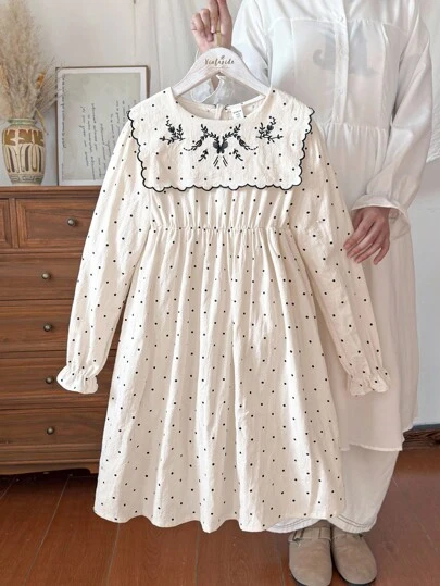 Vintaside Kids 女童花卉刺绣波尔卡圆点印花宽松圆领连衣裙，秋季