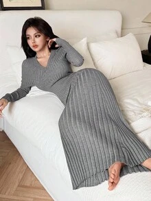 DAZY 简约罗纹针织修身V领女士家居服连衣裙，秋季睡衣